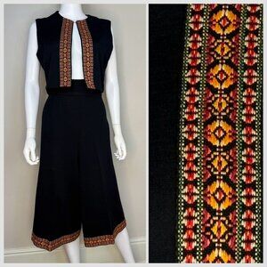 Vintage 1970s Black Gaucho Pants and Vest Set, Handmade Size M/L, Double Knit